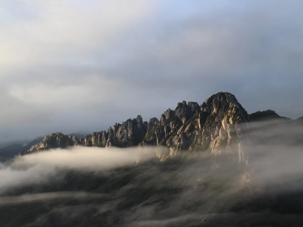 Jagged mountain peaks emerge from low-lying clouds related to A detailed guide to in Korea