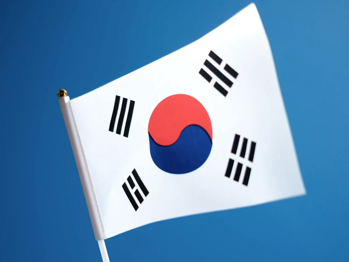 a korean flag flying in the wind with a blue sky in the background