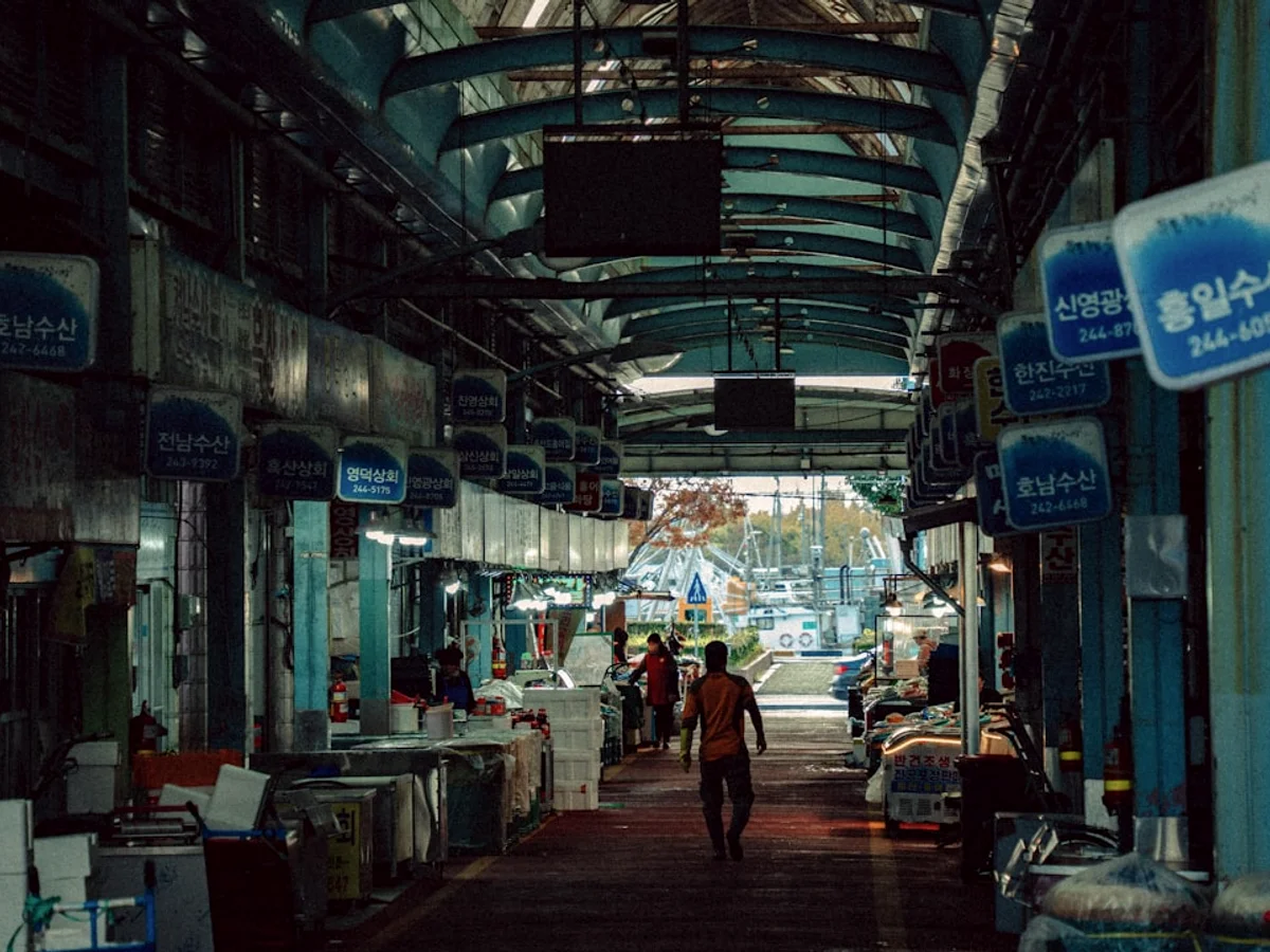 People walking through a covered market hall. related to Practical guide to visiting in Korea
