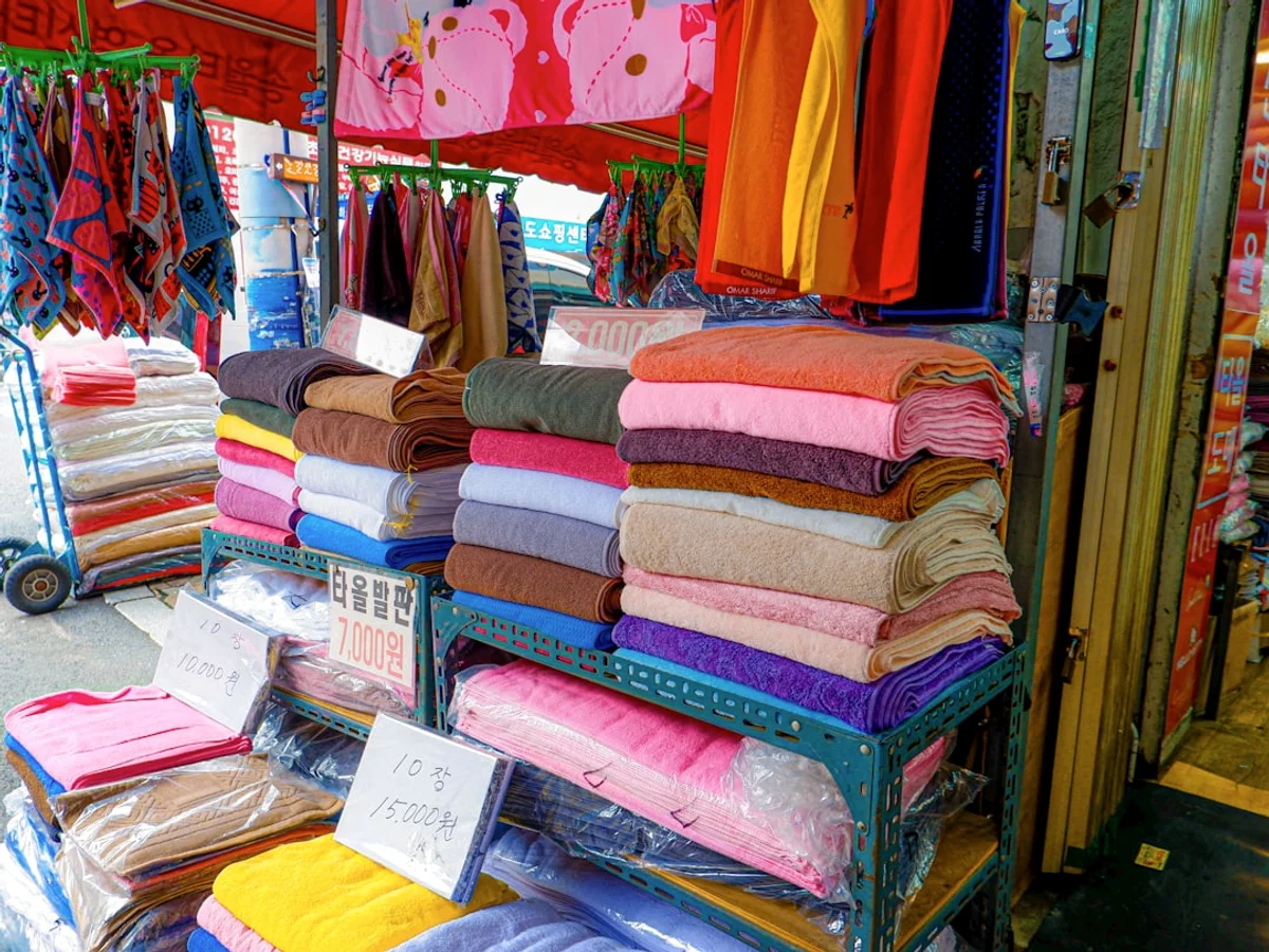 A display of folded towels in a store in Korea